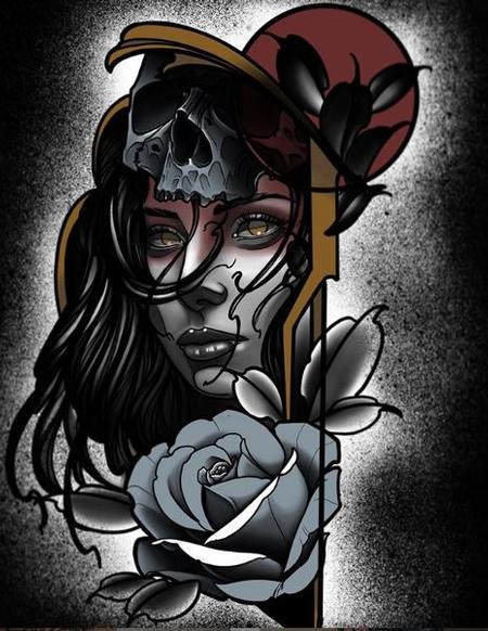 Tattoos - Al Perez Woman Rose & Skull - 140535